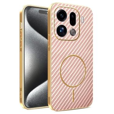 Imagem de Yarxiawin Capa de telefone para Oppo Find X9 Pro 5g textura de fibra de carbono, anel magnético para Oppo Find X9 Pro, capa de couro fina de silicone à prova de choque anti-impressão digital (rosa)
