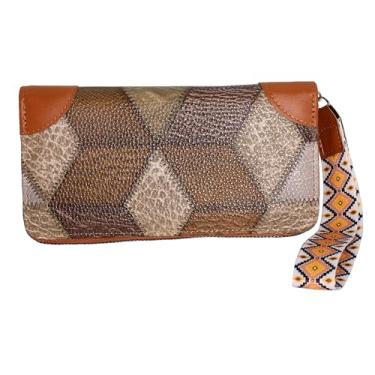 Imagem de Jinweixb Carteira longa de emenda de padrão geométrico, bolsa de telefone, design de zíper multicolorido com armazenamento de porta-cartões de pulso