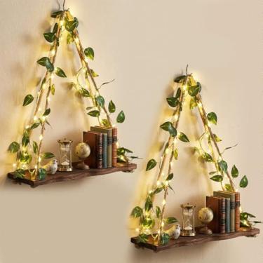Imagem de AceOrbit 2 conjuntos de prateleiras flutuantes para parede, prateleiras flutuantes de borda viva com design de placa de madeira irregular, luzes de LED e folhas verdes, prateleira de parede suspensa