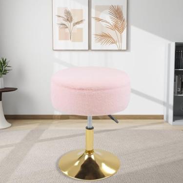 Imagem de LITZFUR Banqueta rosa para sala de maquiagem, cadeira de vaidade de pele sintética redonda de armazenamento otomano com altura ajustável, cadeira dourada giratória de 360° para sala de estar e quarto
