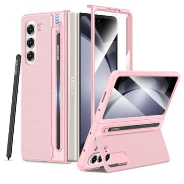 Imagem de Maxdara Capa para celular Z Fold 5, Galaxy Z Fold 5 com suporte para caneta S, suporte integrado e protetor de tela com suporte para carregamento sem fio, capa fina à prova de choque, rosa