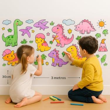 Imagem de Papel Adesivo Infantil para Colorir Tema Dinossauro Destacável 3m x 30 cm Brinquedo Educativo para Crianças a Partir de 3 Anos Desenho Para Pintar Presente Colável Parede Chão Superficie Plana