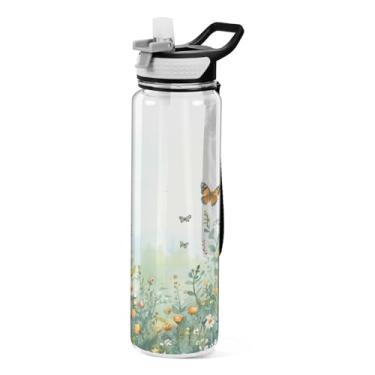 Imagem de ATTX Garrafa de água de flores silvestres e borboletas, 947 ml, à prova de vazamento e livre de BPA, garrafas de água reutilizáveis de plástico Tritan para viagens, academia, corrida (308)