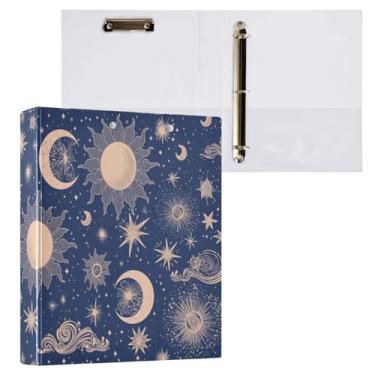 Imagem de Blueangle Fichário elegante com 3 anéis para sol e lua com prancheta e 2 bolsos - Organizador de documentos decorativos de 3 cm para escritório, suprimentos para reuniões (332)