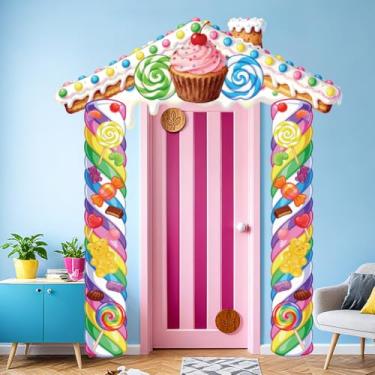 Imagem de WADORN Banner de varanda para porta da Sweet Candyland, 1,5 x 2,5 m, decoração de festa de candyland colorido, decoração de bolo de pirulito, material de fundo para casa, doce, sorvete, suprimentos