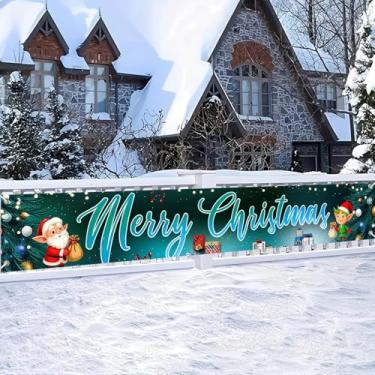 Imagem de HOMETITUTE Faixa de Feliz Natal 395 x 50 cm, pano de fundo verde para presente de elfo de Papai Noel, decorações de Natal ao ar livre, para cerca de parede, quintal, varanda, suprimentos para festas