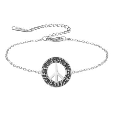 Imagem de TEAMER Pulseira ajustável com símbolo de sinal de paz de aço inoxidável pulseira de paz amor felicidade joia hippie para mulheres, One Size, Aço inoxidável, Sem Pedra Preciosa