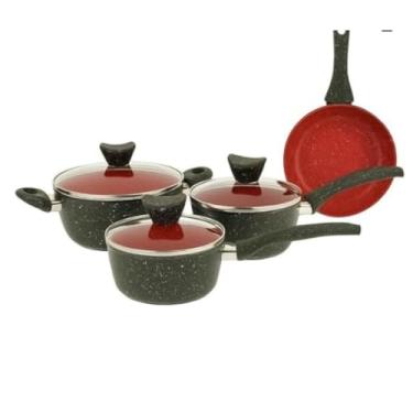 Imagem de Conjunto de Panelas Antiaderente com Tampa de Vidro, 4 Peças, Alumínio, Preto e Vermelho, Compatível com Todos os Tipos de Fogão, Caçarola 20cm, Frigideira 20cm, Panelas 16cm e 18cm