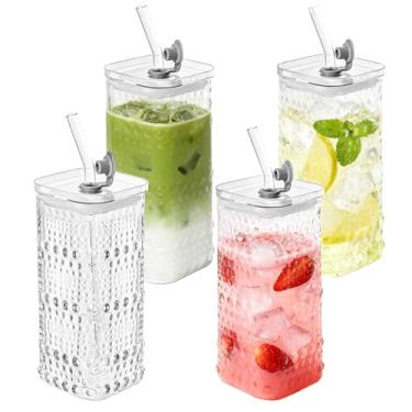 Imagem de WACOI Copos de vidro com tampa e canudo 4 conjuntos, copo quadrado de 368 g com contas em relevo com tampa e canudo para cerveja de coquetel de uísque, café gelado, bebidas quentes/frias