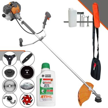 Imagem de Roçadeira Tekna RL430P 43cc Com Carretel + Facas 2 Pontas, 3 Pontas, 6 Pontas, 40 Dentes Vídea, 80 Dentes, Trimmer, Escova de Aço + ÓLEO STIHL 2T