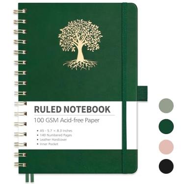 Imagem de RETTACY Caderno espiral, caderno pautado A5 com 140 páginas numeradas, 14,5 cm × 21 cm, tamanho médio, caderno de diário para trabalho, escola, escrita, capa dura de couro, papel grosso de 100 g/m²