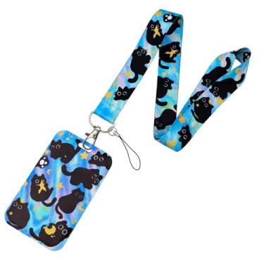 Imagem de BKBKAAK Cordão de gato fofo com suporte de identidade, padrão de gato preto com estrelas e lua, cordão estético azul para mulheres, homens, crianças, suporte de crachá para escritório, escola