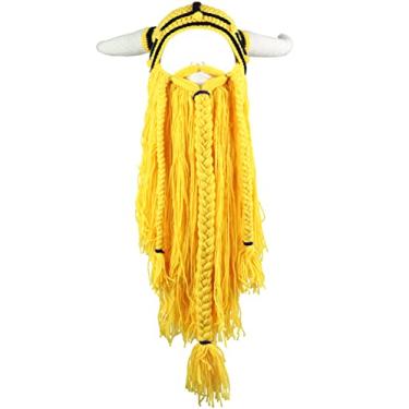 Imagem de YEKEYI Gorro Viking Big Horn, gorro de barba, chapéu de malha viking, boné de esqui engraçado, chapéu de Halloween, chapéu de Natal, Amarelo, 7 1/8