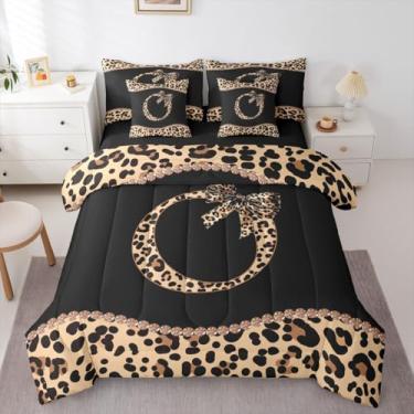 Imagem de Conjunto de edredom solteiro com estampa de leopardo com letra O | Conjunto de cama de 7 peças com laço de guepardo Coquete, moderno, moderno, moderno, em uma bolsa, conjunto de colcha de cama com