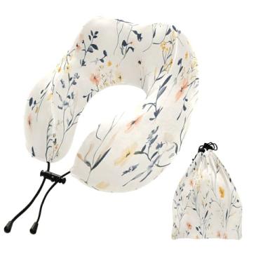 Imagem de CEBUGI Travesseiros de viagem portáteis em forma de U, travesseiro de pescoço de espuma viscoelástica com trava de corda ajustável para avião, viagem, trem, negócios, escritório, soneca (floral