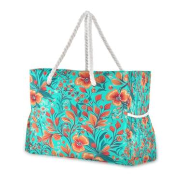 Imagem de Wassud Bolsa de praia grande com flores laranjas brilhantes para mulheres, impermeável, à prova de areia, bolsa de viagem com zíper e bolso para piscina, academia, acampamento