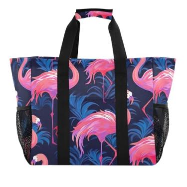 Imagem de Wassud Linda bolsa de mercearia reutilizável flamingo grande bolsa organizadora de lona impermeável para praia, piquenique, lavanderia, viagem