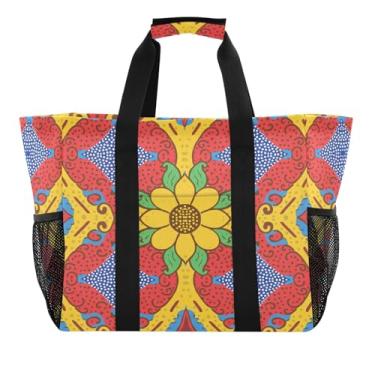 Imagem de Kigai Sacolas de mercearia reutilizáveis, estampa de azulejo mexicano, grande, sacola de compras, resistente à água, bolsa de piscina dobrável para roupas, sapatos e piqueniques