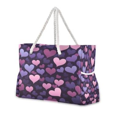 Imagem de Wassud Bolsa de praia romântica em forma de coração, grande, bolsa de praia para mulheres, impermeável, à prova de areia, bolsa de viagem com zíper e bolso para piscina, academia, acampamento