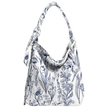 Imagem de Gemfit Sacola feminina de veludo cotelê com zíper - Lindas bolsas Hobo de grande capacidade com bolsos internos para trabalho, viagens, Flor de linha azul, One Size