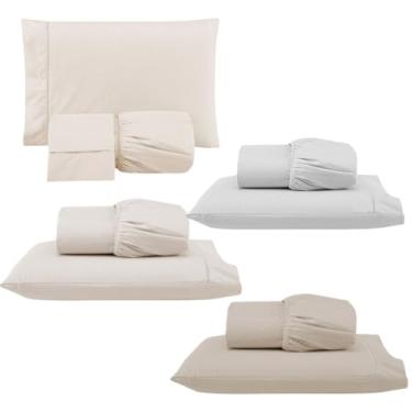 Imagem de Kit 4 Jogos de Lençol com Elástico e Fronha Bordada em Ponto Palito, 1 Casal Padrão 188x138x30cm e 3 Solteiros 138x88x30cm (4 Jogos Versat(Casal: Palha e Solteiros:Palha/Branco/Cáqui))