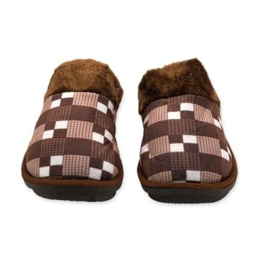 Imagem de Pantufa Masculina Xadrez Marrom, Poliéster, Tamanho 44/45, Antiderrapante, 29cm x 12cm