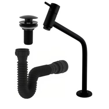 Imagem de Kit de Banheiro em ABS Preto -Torneira, Válvula Click 7/8 e Sifão Flexível Sanfonado Universal