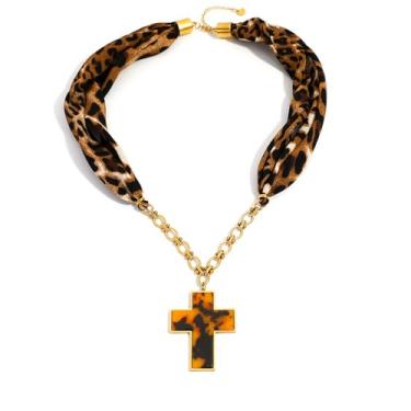 Imagem de Colar feminino com pingente de seda com estampa de leopardo e cruz grossa de aço inoxidável, corrente banhada a ouro 18 quilates, gargantilha ajustável, boêmio, religião, joia para proteção de oração