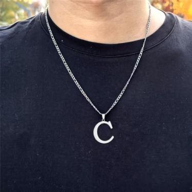 Imagem de Colar com inicial para homens e mulheres, ouro 14K, prata, aço inoxidável, letras maiúsculas, monograma, colar com corrente fígaro de 56 cm, middle, Aço inoxidável, Sem Pedra Preciosa