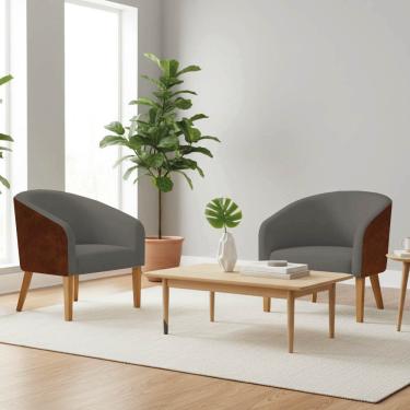 Imagem de Poltrona Sala Kit 2 Stella Pé Madeira Trapézio Sintético PU Nozes Linho Grafite D03 - D'Rossi