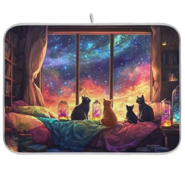 Imagem de Tapete de secagem de pratos Starry Night Cats, 45,7 x 61 cm, tapete de café de secagem rápida, tapete absorvente para decoração de bancada de cozinha