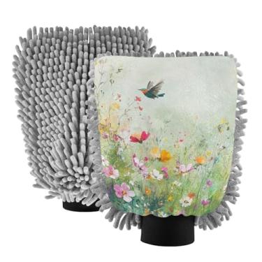 Imagem de ODAWA Luva de limpeza de carro microfibra chenille, luvas florais para lavagem de carro verde prado para canhão de espuma, pacote com 2 20,5 x 30 cm