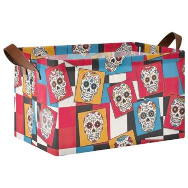 Imagem de Cesta de brinquedo dobrável para cães com alças, 43 x 29 x 25 cm, organizador de roupas colorido com caveiras de açúcar para armário, pacote com 2