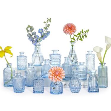 Imagem de SUPMIND Conjunto de vasos de vidro com 16 peças, pequenos vasos de flores azuis para centros de mesa a granel, mini vaso vintage para casamento, decoração de casa, decoração de mesa