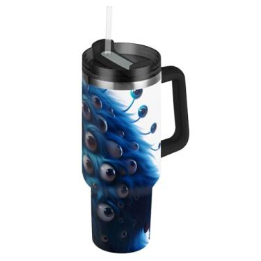 Imagem de Copos com tampa e canudos azul engraçado monstro copo com alça 850.5 g rosa bonito isolado garrafa de água aço inoxidável caneca de café quente para carros