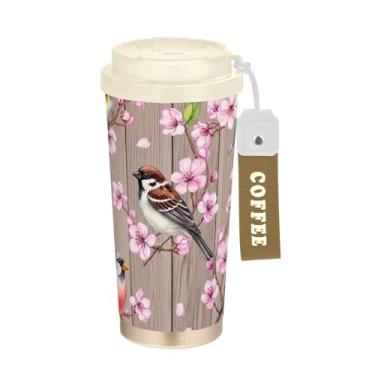 Imagem de Caneca de viagem de café 40 ml com canudo e tampa, revestimento cerâmico, isolamento a vácuo, aço inoxidável, copo de café, à prova de vazamento, aquarela flores rosa pássaros