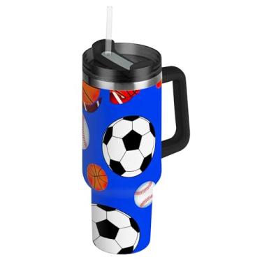 Imagem de Joisal Copo de 1,134 g com alça Copos de aço inoxidável com tampas e canudos Imprimir Garrafas de Água Isoladas Carro Copo de Café Bolas Esportivas Bolas de Futebol Azul