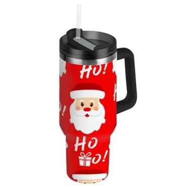Imagem de Copos com tampa e canudo de Natal fofo Papai Noel vermelho 850 g copo com alça grandes garrafas de água isoladas aço inoxidável caneca de café quente para carro