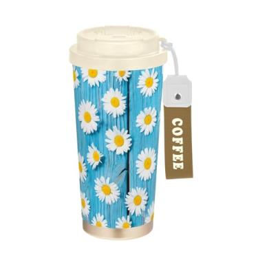 Imagem de TSENQUE Copo de café de 473 ml com revestimento cerâmico, caneca de café de aço inoxidável com tampa e canudo, copo isolado a vácuo, margaridas flores de madeira azuis