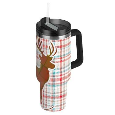 Imagem de Joisal Copos de aço inoxidável com tampas e imagem de palha Garrafa de água xadrez girando para copo de carro copo grande com alça garrafa de água isolada de 850 g