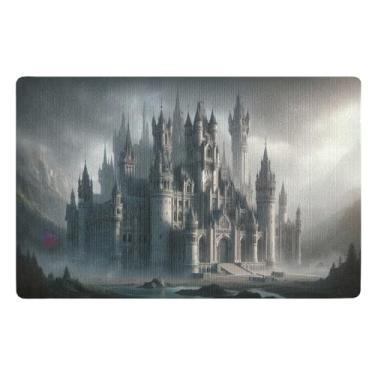Imagem de Joisal Mysterious Castle Tapete de porta cinza neblina engraçado absorvente tapete de boas-vindas ao ar livre, tapete de varanda frontal 81 x 50 cm