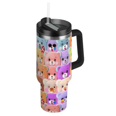 Imagem de Joisal Bears Cute Cartoon Expressions Tumblers com tampas e canudo garrafas de água isoladas de aço inoxidável copo com alça 1,134 g garrafa de água rosa cabe no copo do carro