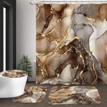 Imagem de NBVKO 4 peças de luxo Brwon conjunto de cortina de chuveiro padrão mármore com 12 ganchos tapetes antiderrapantes, tampa de vaso sanitário e tapete de banho, decoração de banheiro elegante para hotel