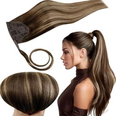 Imagem de RUNATURE Rabo De Cavalo Cabelo Humano, Extensão Balayage, Peças Com Clipe Para Mulheres, Enroladas Em Torno 16" 80G #4/27/4, Mechas Castanho Médio A Loiro Mel