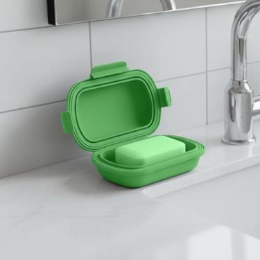 Imagem de Saboneteira de silicone com tampa à prova de vazamento, recipiente de sabão em barra ou dobra plana com camada de drenagem para viagens e hotéis