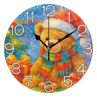 Imagem de GAIGEO Relógio de parede analógico decorativo quarto cozinha relógio operado a bateria, decoração de parede de sala de estar moderna, urso de pelúcia aconchegante de Natal colorido, 25 cm, ponteiros