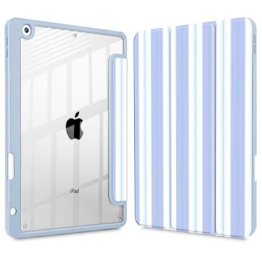 Imagem de Mektron Capa impressa para iPad de 10,2 polegadas 2021/2020/2019, para iPad 9ª/8ª/10ª geração, porta-lápis embutido com capa à prova de choque transparente + suporte de três dobras, listrado azul