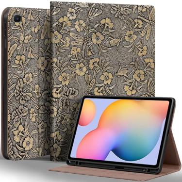 Imagem de Gexmil Capa de couro genuíno para Samsung Galaxy Tab S6 Lite de 10,4 polegadas com suporte para lápis, capa protetora à prova de choque ajustável Smart Premium Folio Flip Tablet, cinza borboleta