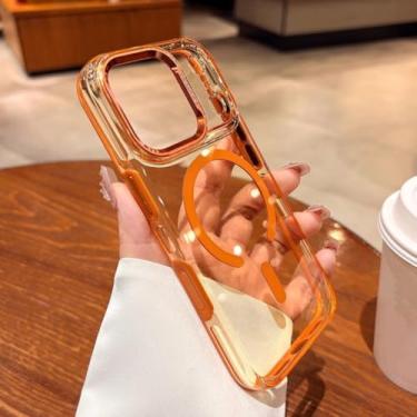 Imagem de SFDSUH Capa transparente magnética para carregamento sem fio com anel de lente de metal e capa rígida de acrílico para iPhone 16 Pro Max (para iPhone 16 Pro Max/Laranja)