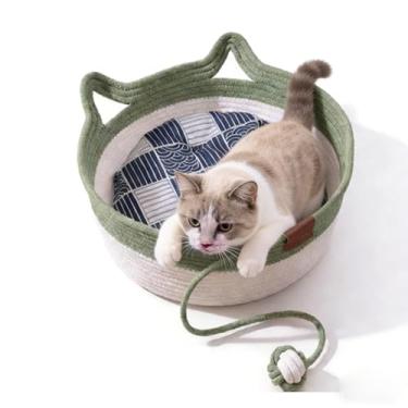 Imagem de 2 peças de cesta instinto para gatos, corda de algodão tecida à mão, cama de gato dobrável respirável com design de orelha de gato, bola de brincar fácil de limpar para gatinhos (C G)